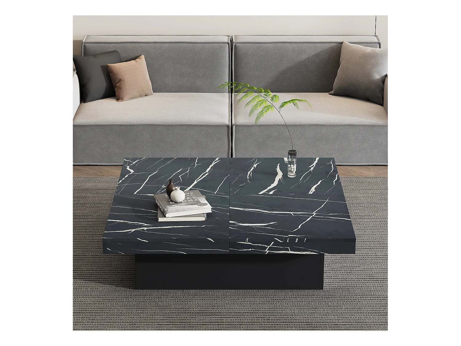 Table basse carré en placage marbre noir, Plateau modulable à 4 sections avec tiroirs intégrés