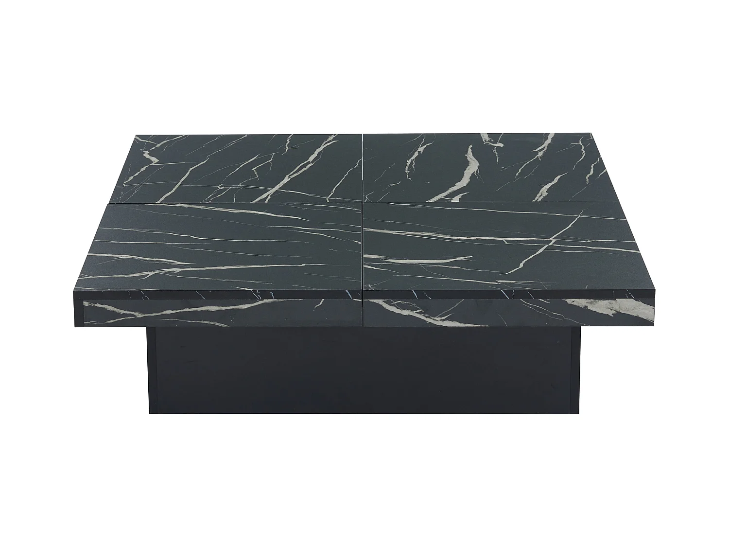 Table basse carré en placage marbre noir, Plateau modulable à 4 sections avec tiroirs intégrés
