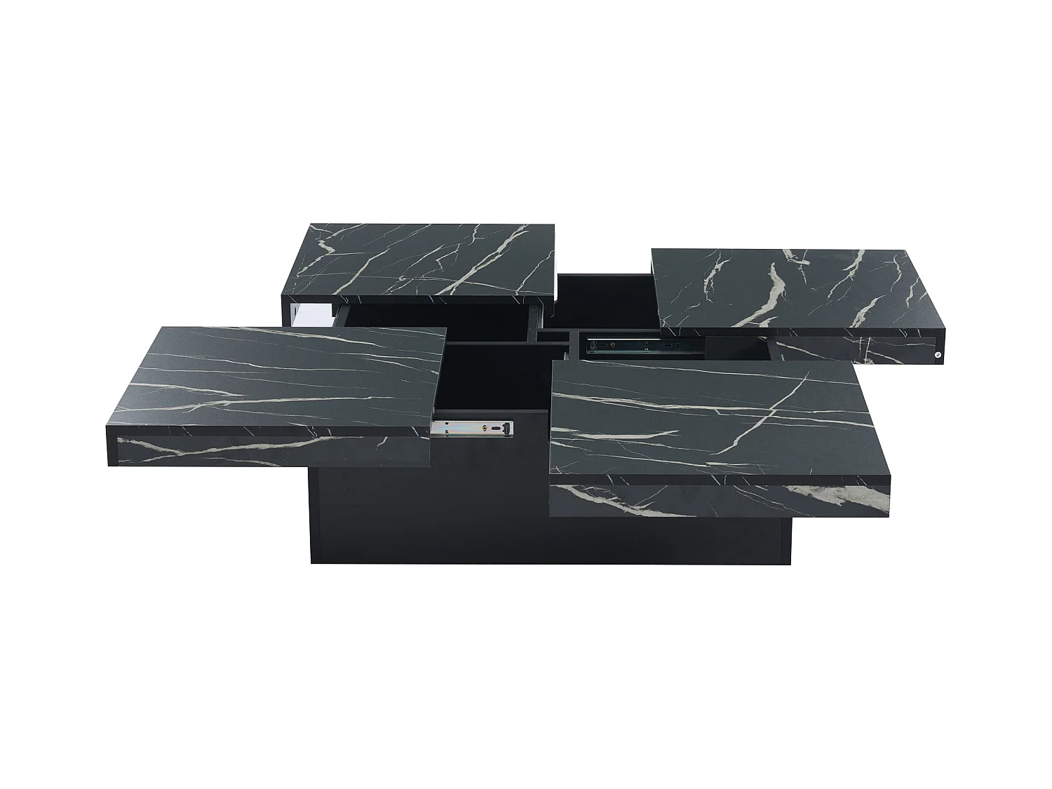 Table basse carré en placage marbre noir, Plateau modulable à 4 sections avec tiroirs intégrés