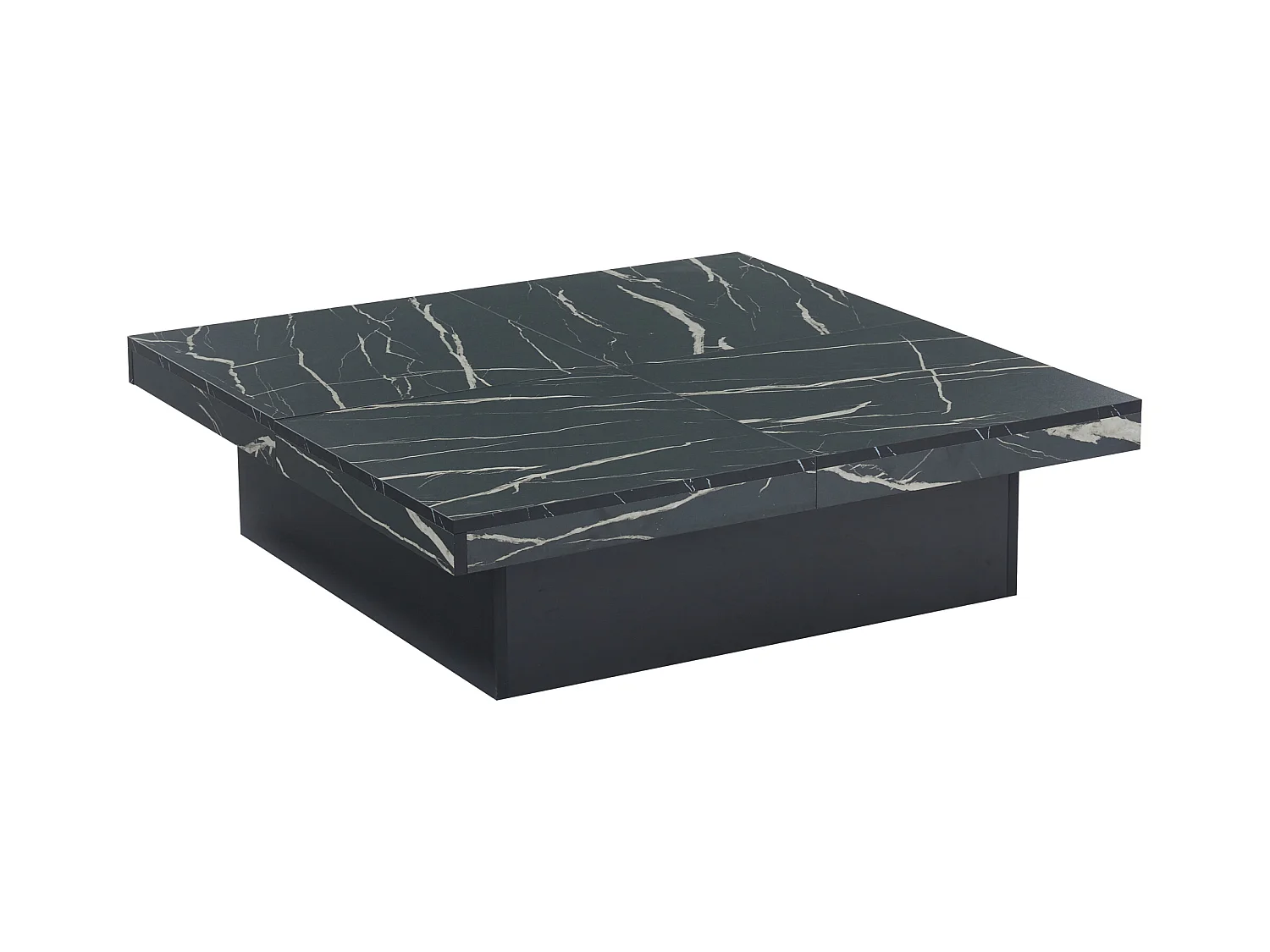 Table basse carré en placage marbre noir, Plateau modulable à 4 sections avec tiroirs intégrés