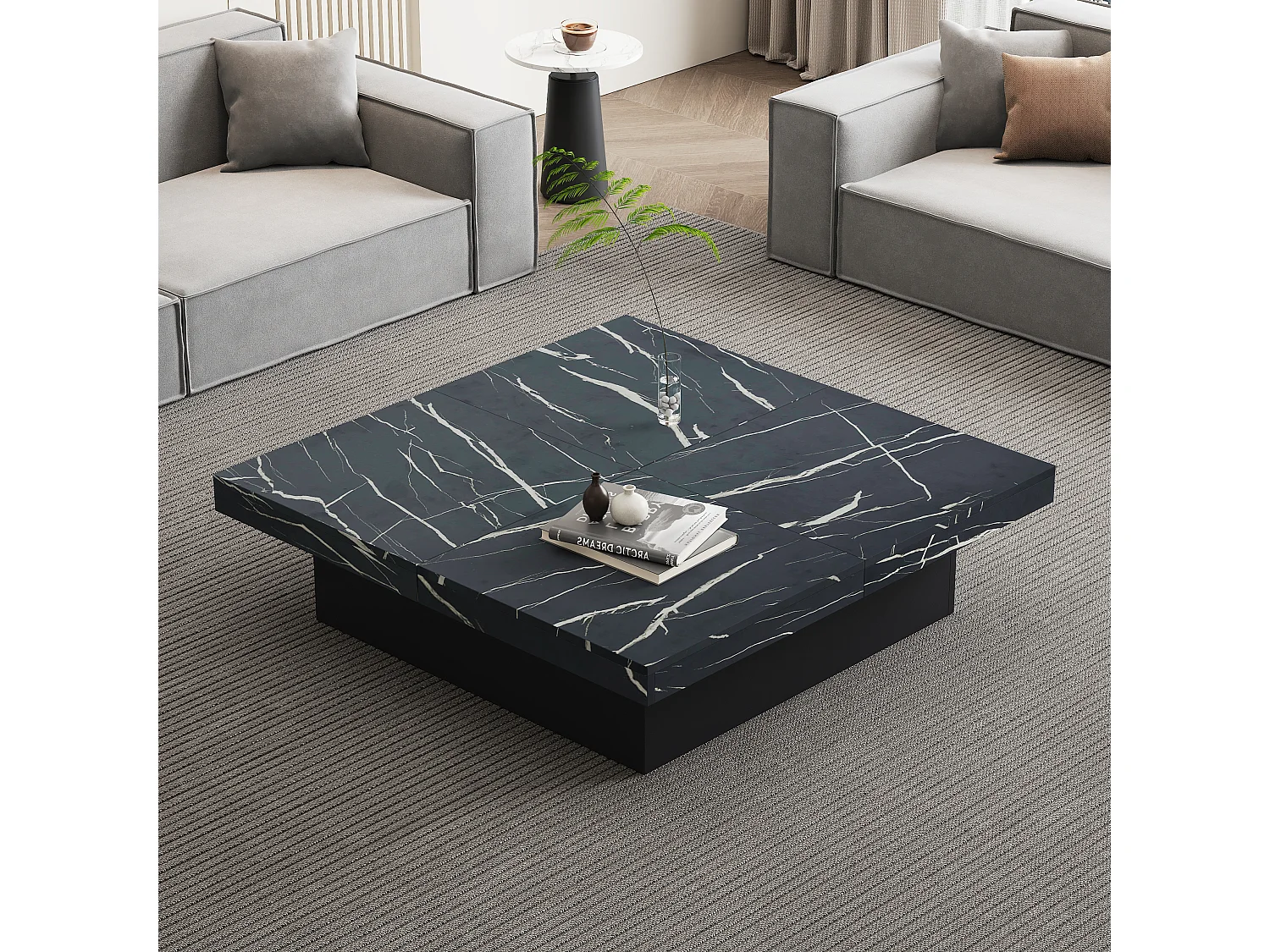 Table basse carré en placage effet marbre noir, Plateau modulable à 4 sections avec tiroirs intégrés