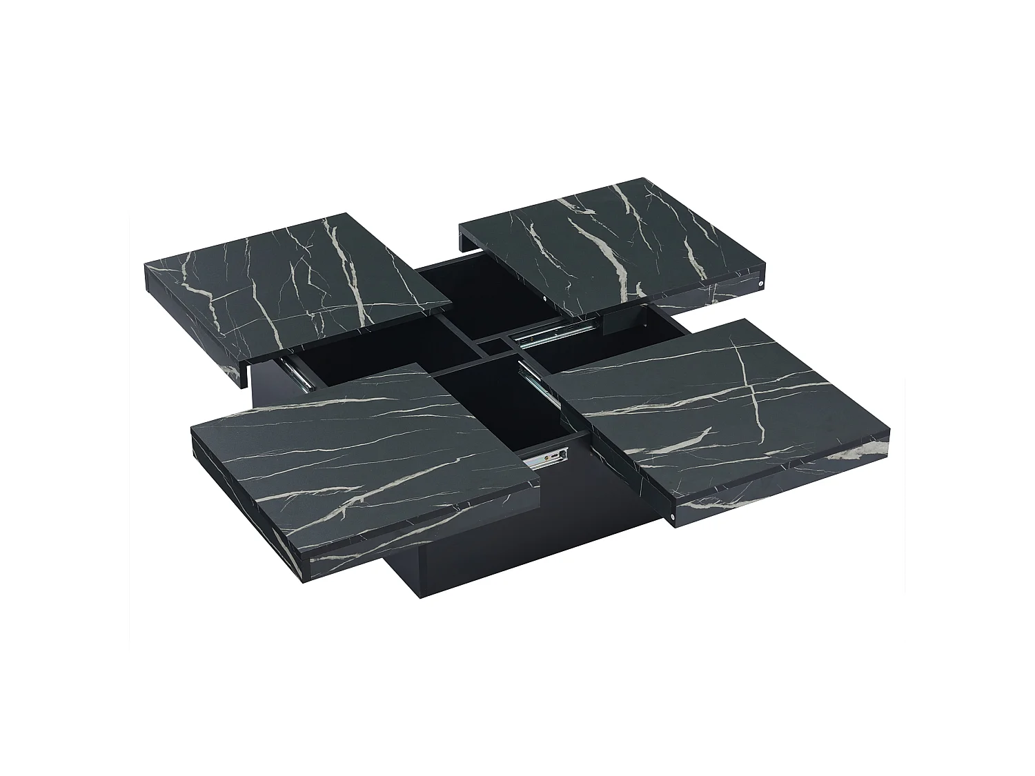Table basse carré en placage effet marbre noir, Plateau modulable à 4 sections avec tiroirs intégrés