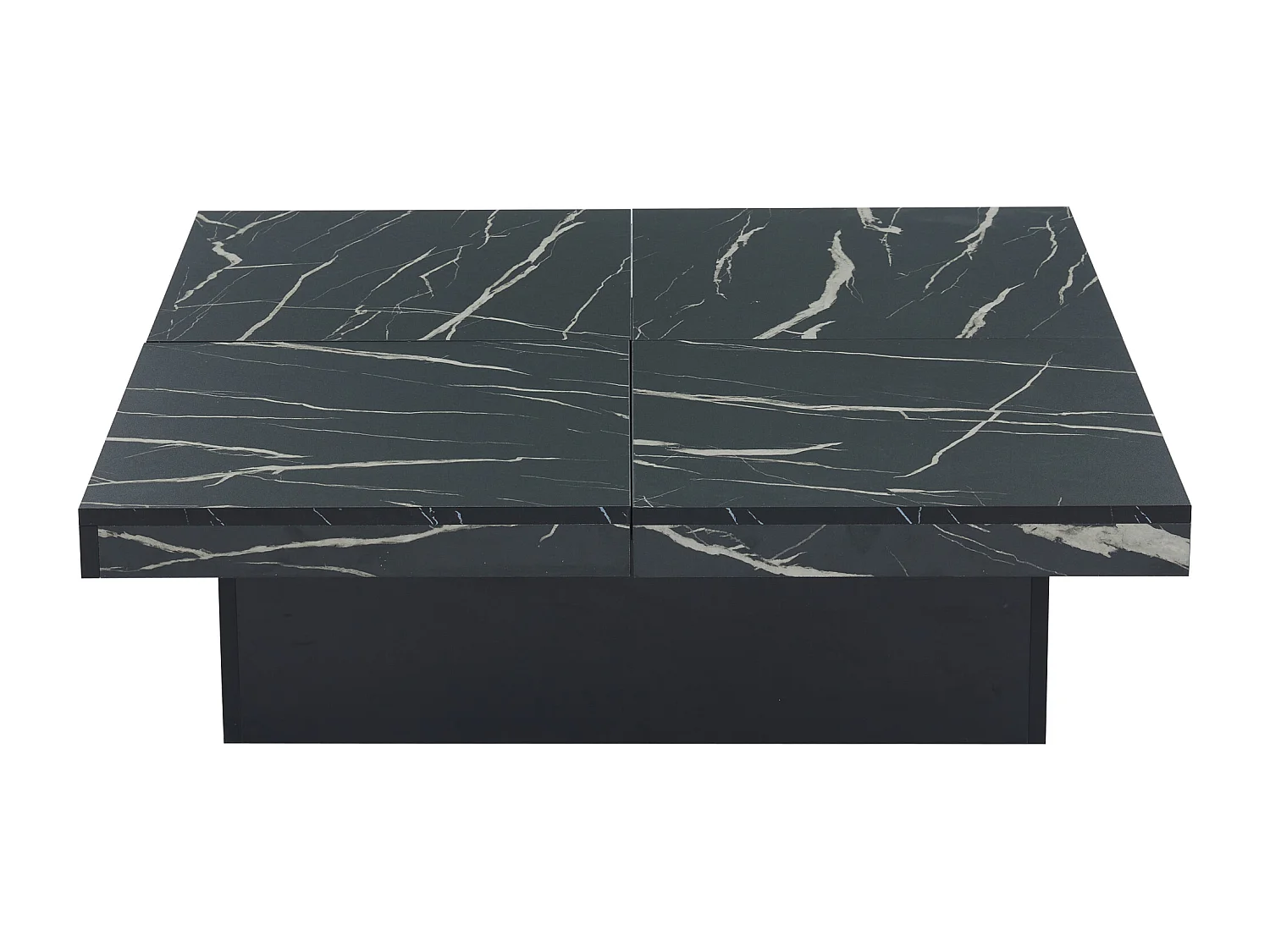Table basse carré en placage effet marbre noir, Plateau modulable à 4 sections avec tiroirs intégrés