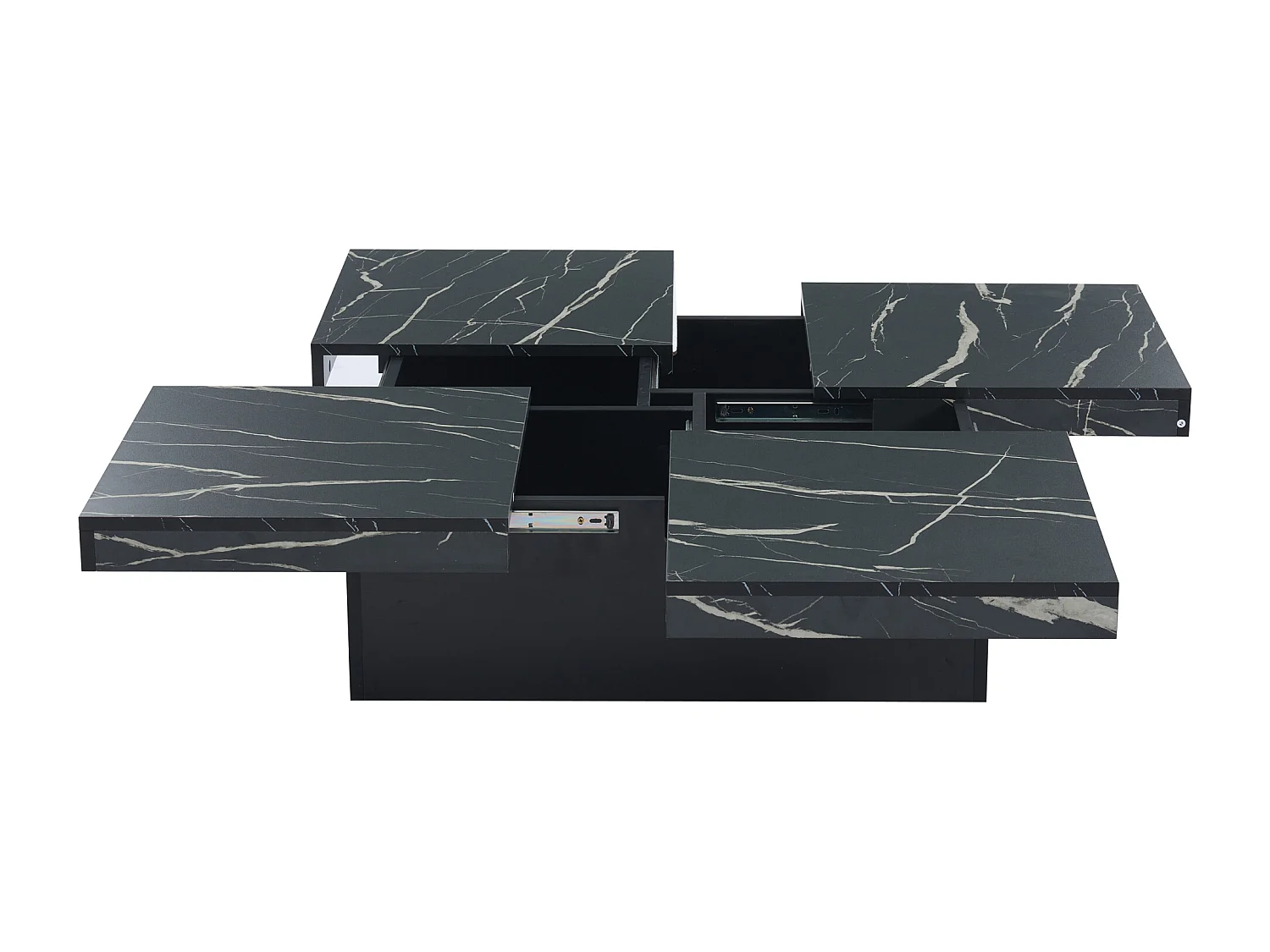 Table basse carré en placage effet marbre noir, Plateau modulable à 4 sections avec tiroirs intégrés