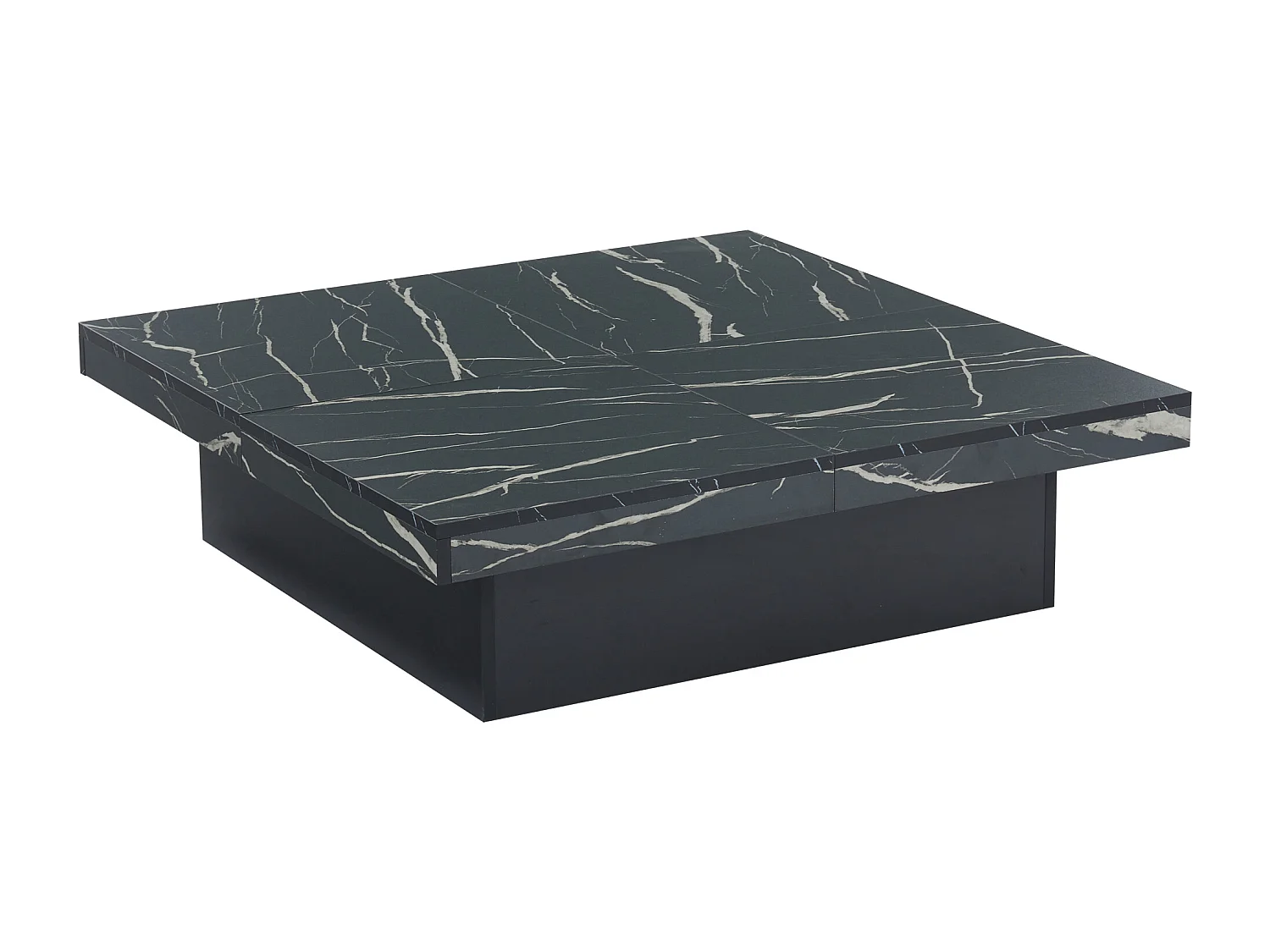 Table basse carré en placage effet marbre noir, Plateau modulable à 4 sections avec tiroirs intégrés
