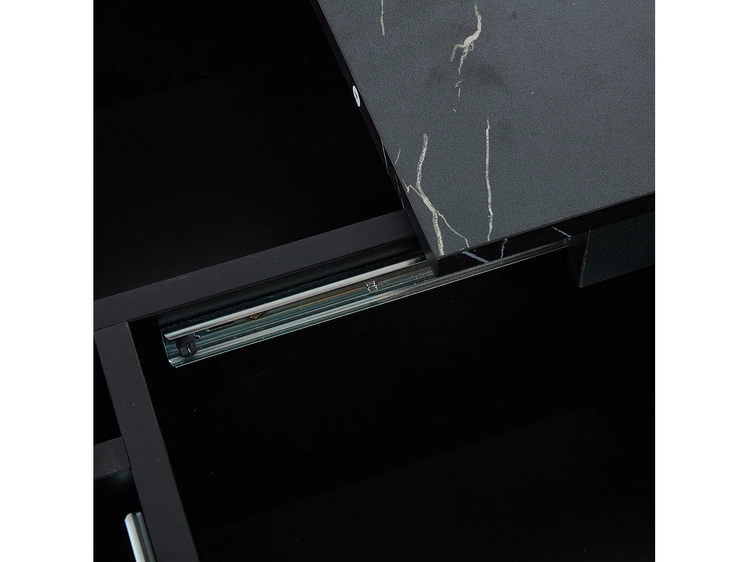 Table basse carré en placage effet marbre noir, Plateau modulable à 4 sections avec tiroirs intégrés