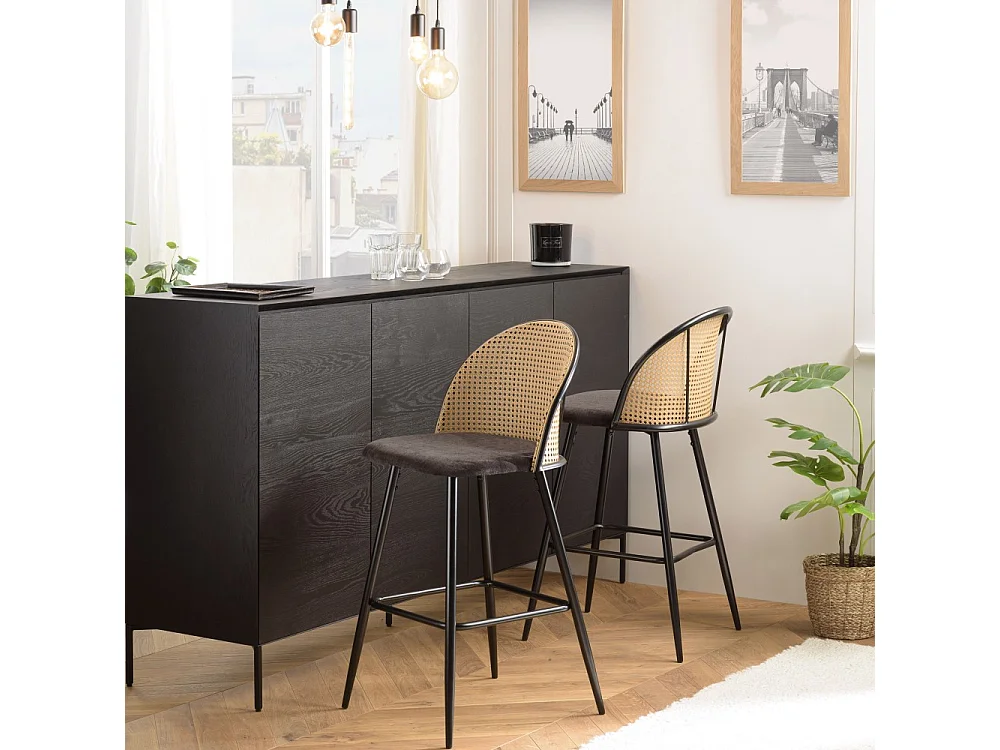 LEA - Lot de 2 tabourets assise tissu noir dossier effet cannage