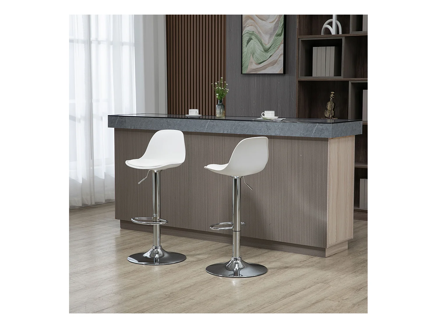 Lot de 2 tabourets de bar pivotantes en simili blanc, hauteur réglable, pied en métal argenté