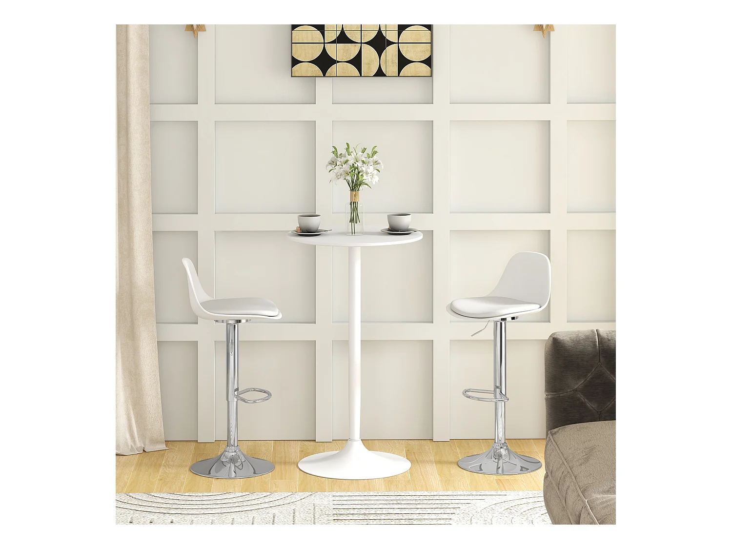 Lot de 2 tabourets de bar pivotantes en simili blanc, hauteur réglable, pied en métal argenté