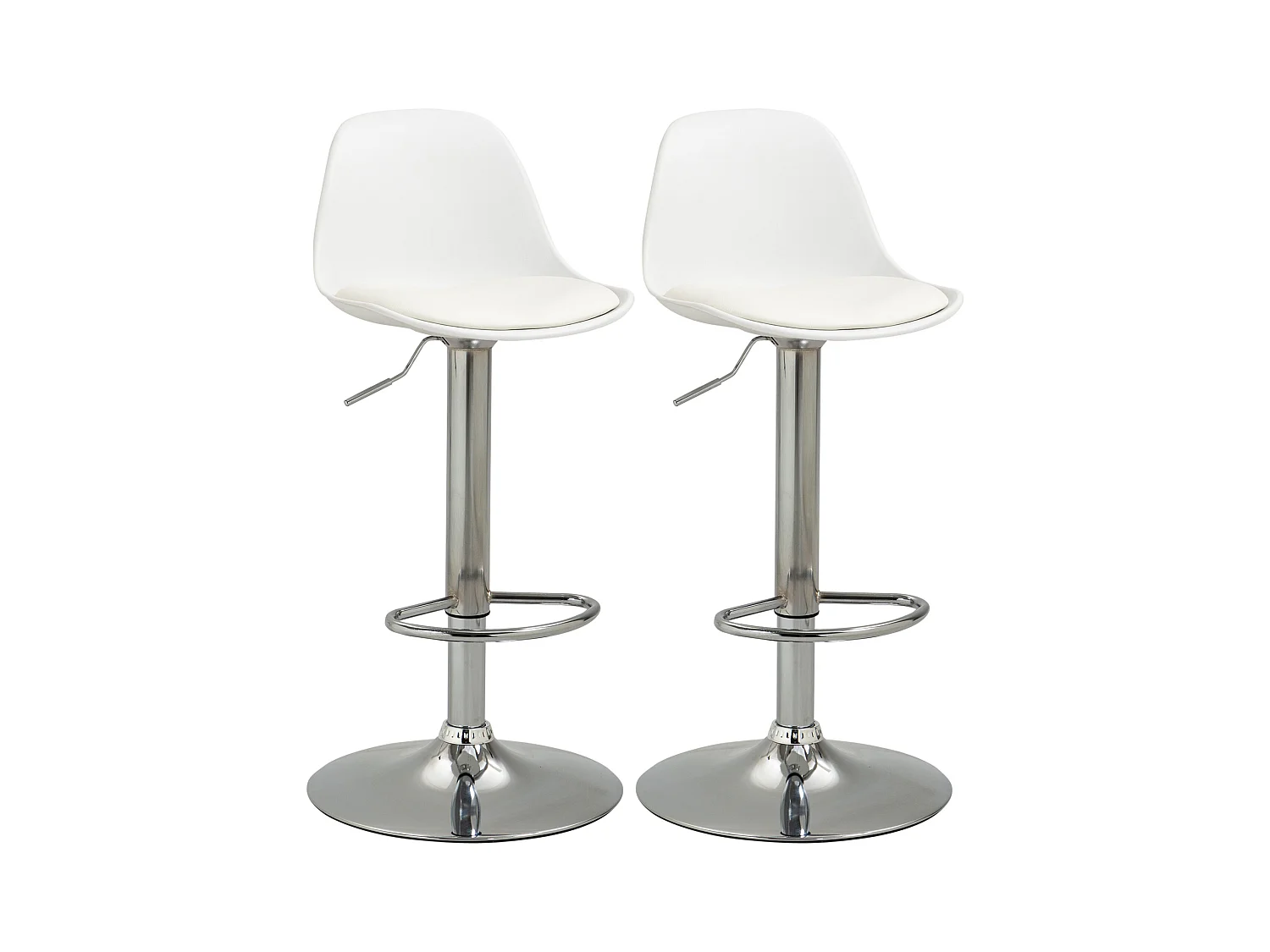 Lot de 2 tabourets de bar pivotantes en simili blanc, hauteur réglable, pied en métal argenté