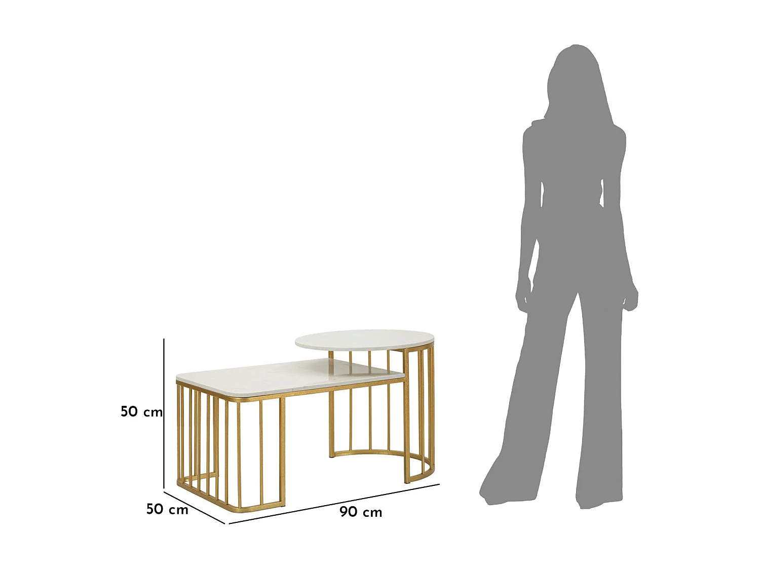Table basse en métal doré et marbre, 90x50x50 cm