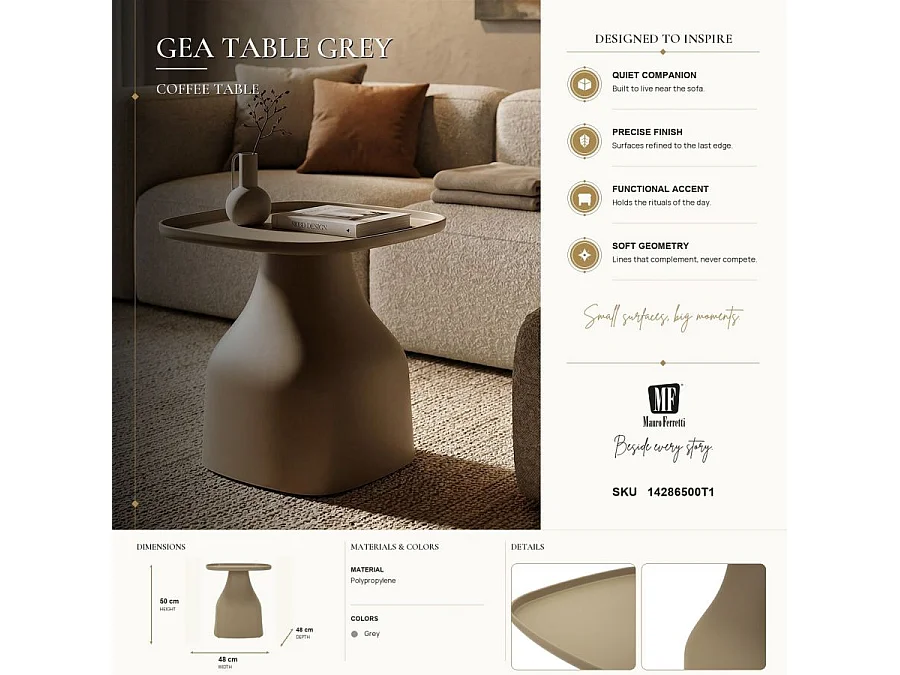 Mesa de centro Gea Dove Grey de 48x48x50 cm - Mesa de centro moderna y minimalista de polipropileno resistente - Diseño sinuoso para interiores
