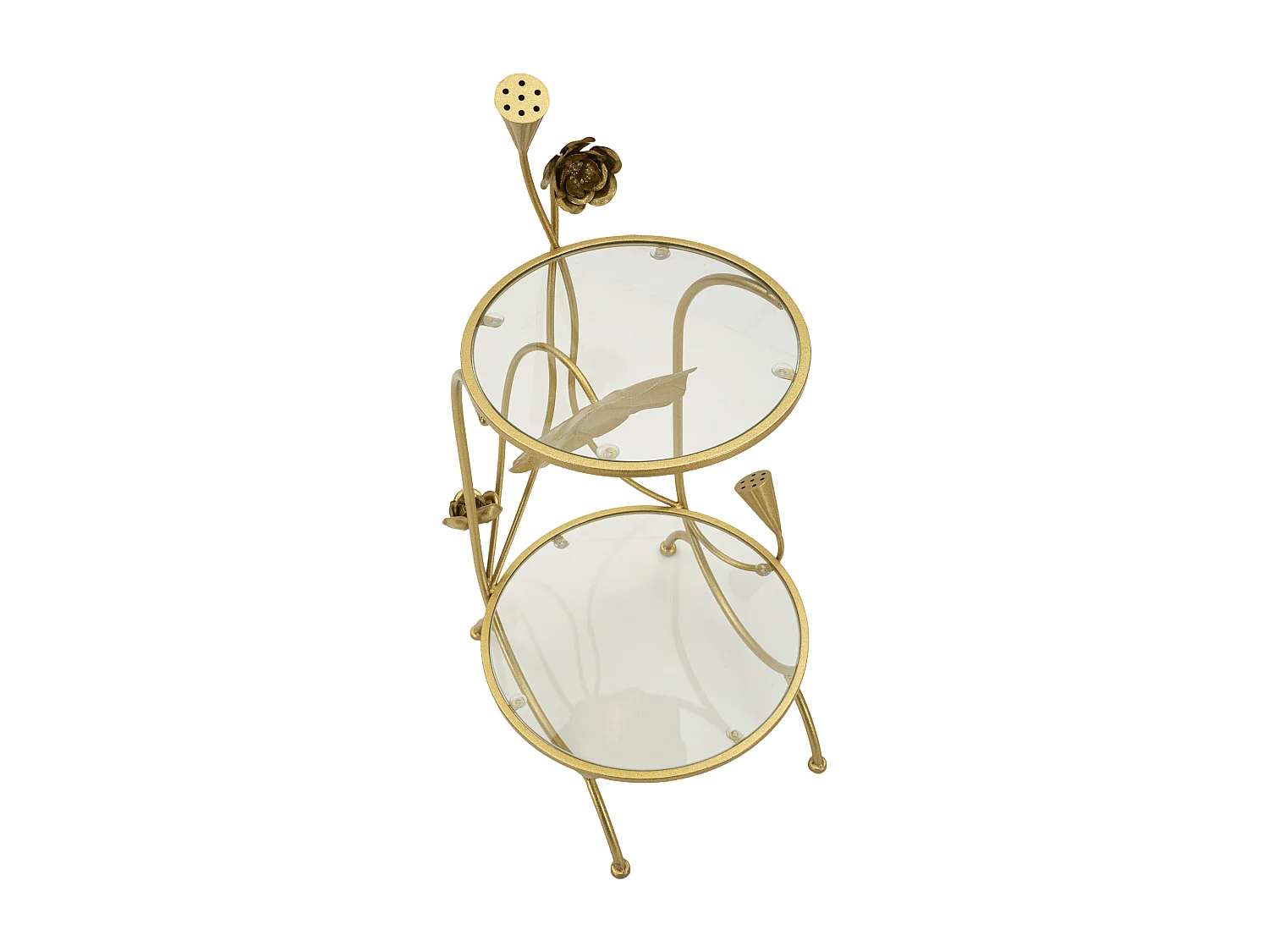 Tavolinetto con 2 ripiani in metallo dorato e vetro cm ø 40x78