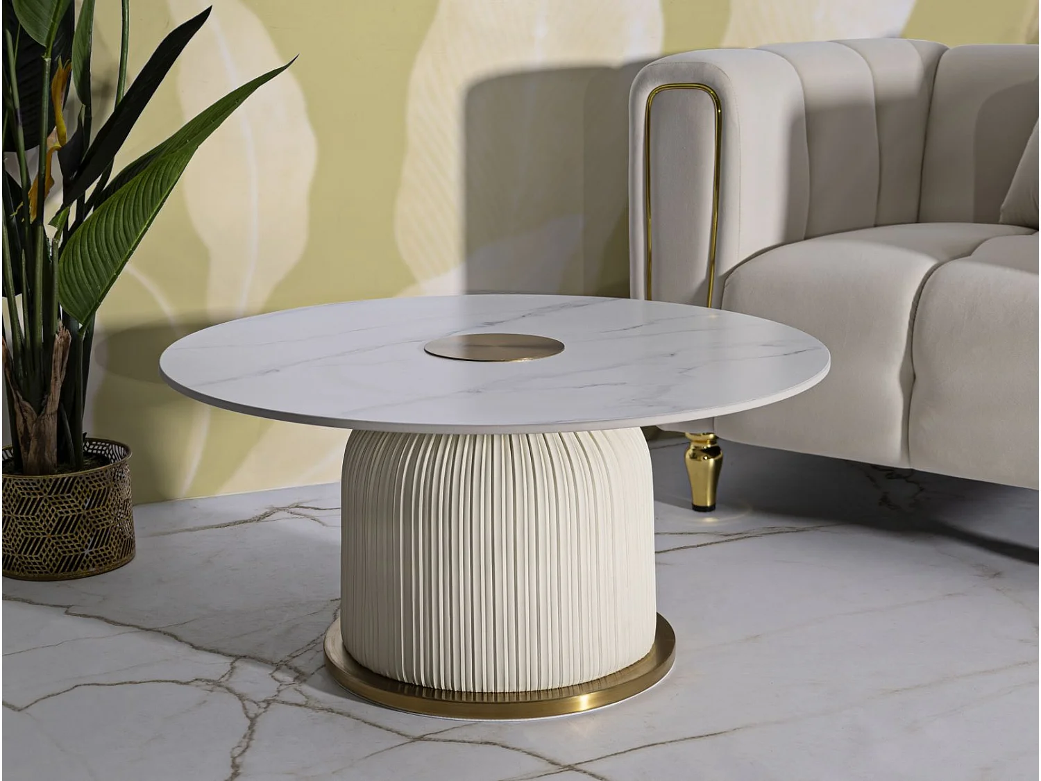 Crèmekleurige eco-leren salontafel met marmeren blad, ø 80x39,5 cm