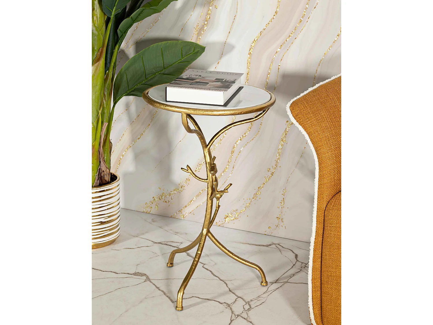 Table d'Appoint en Marbre "Birds" 60cm Or