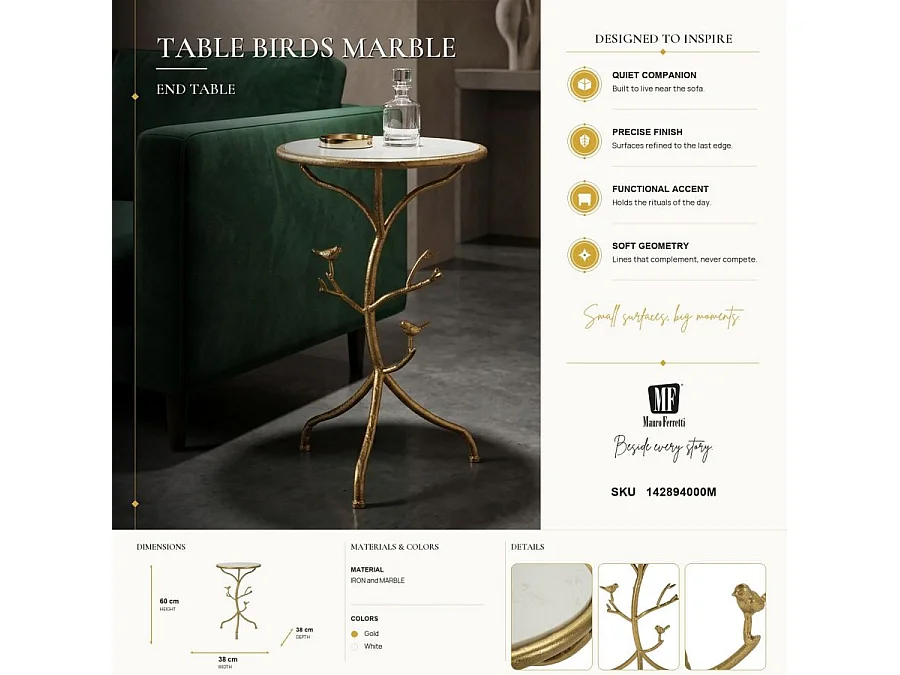 Table d'Appoint en Marbre "Birds" 60cm Or