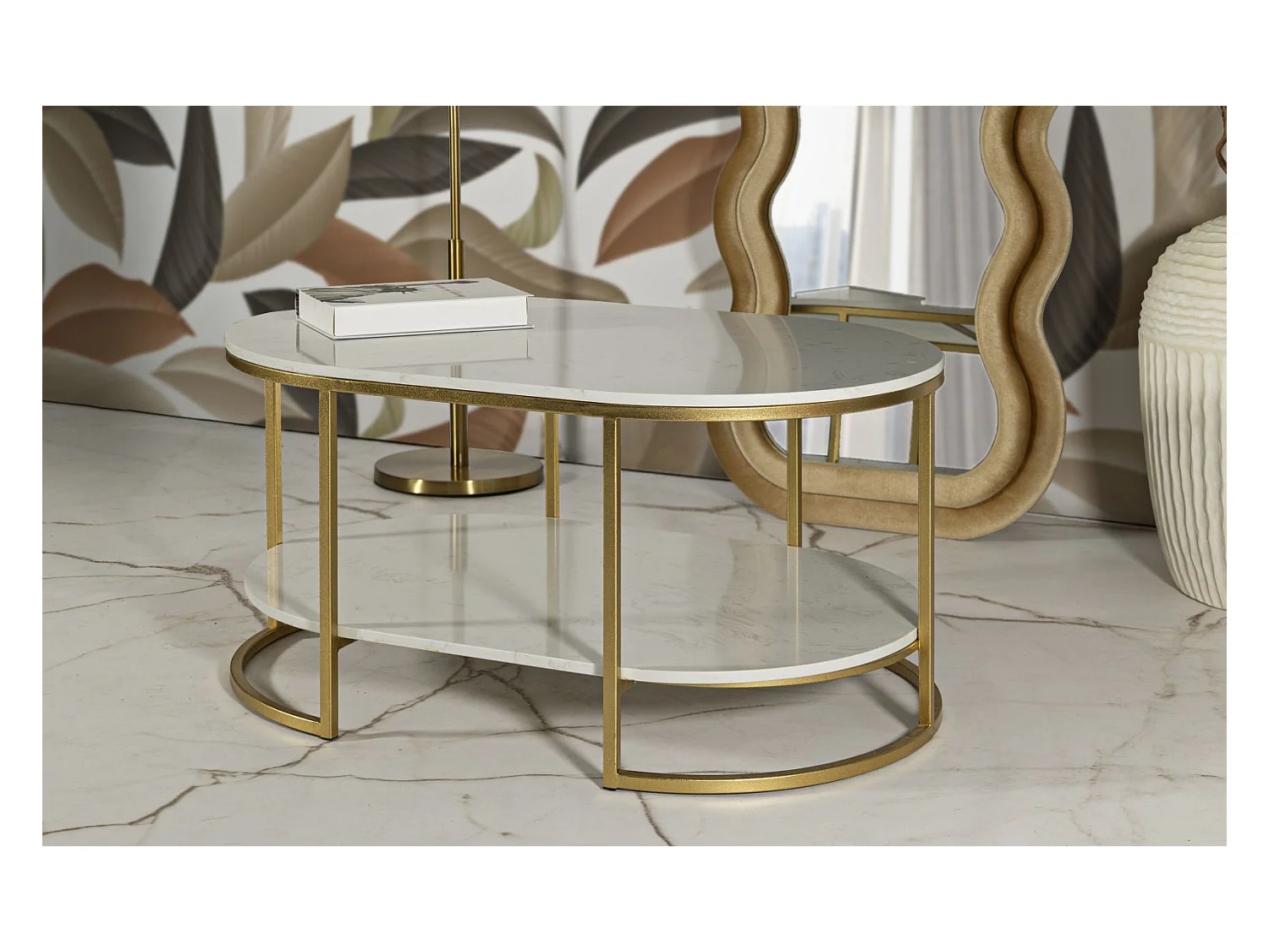 Tavolo da caffé in metallo dorato e marmo cm 90x60x45