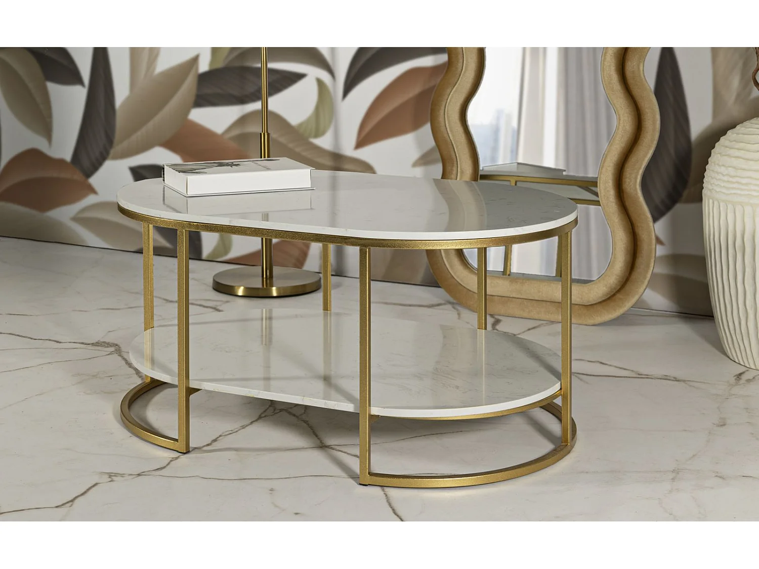 Tavolo da caffé in metallo dorato e marmo cm 90x60x45