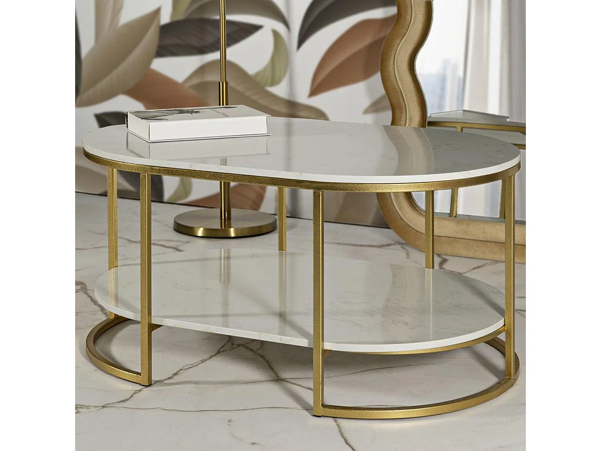 Table Basse en Marbre "Izmir" 90cm Blanc & Or