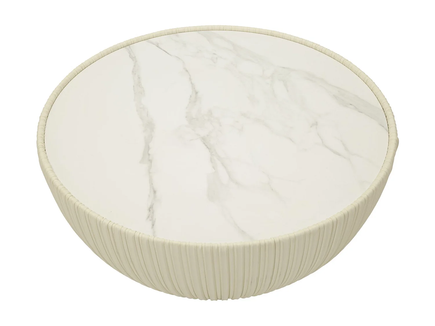 Tavolo da caffè in ecopelle crema e piano in marmo cm ø 71x38