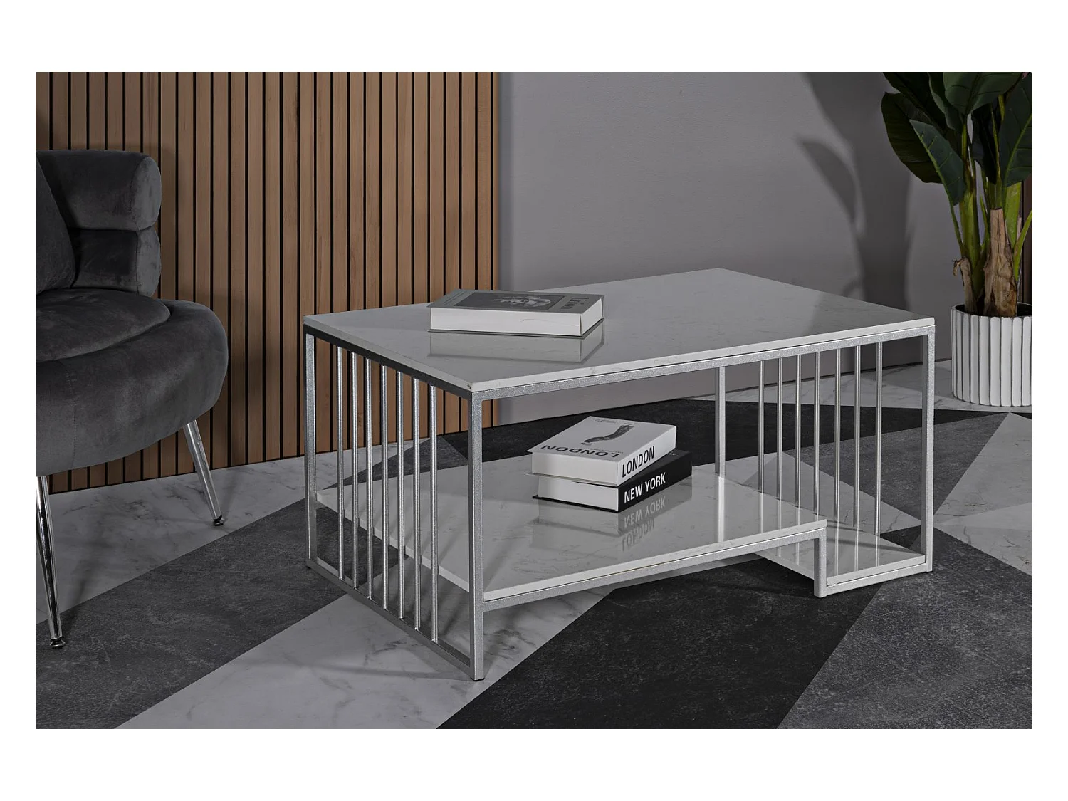 Table basse en métal argenté et marbre, 90x60x45 cm