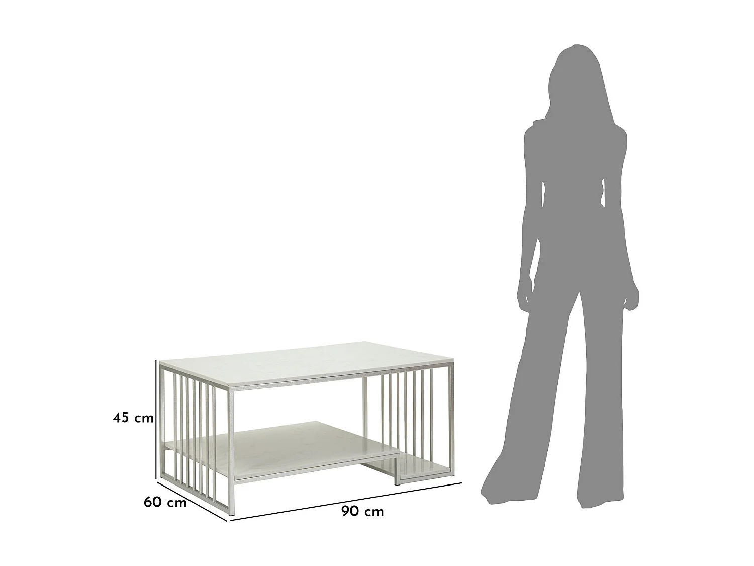 Salontafel van zilverkleurig metaal en marmer, 90x60x45 cm