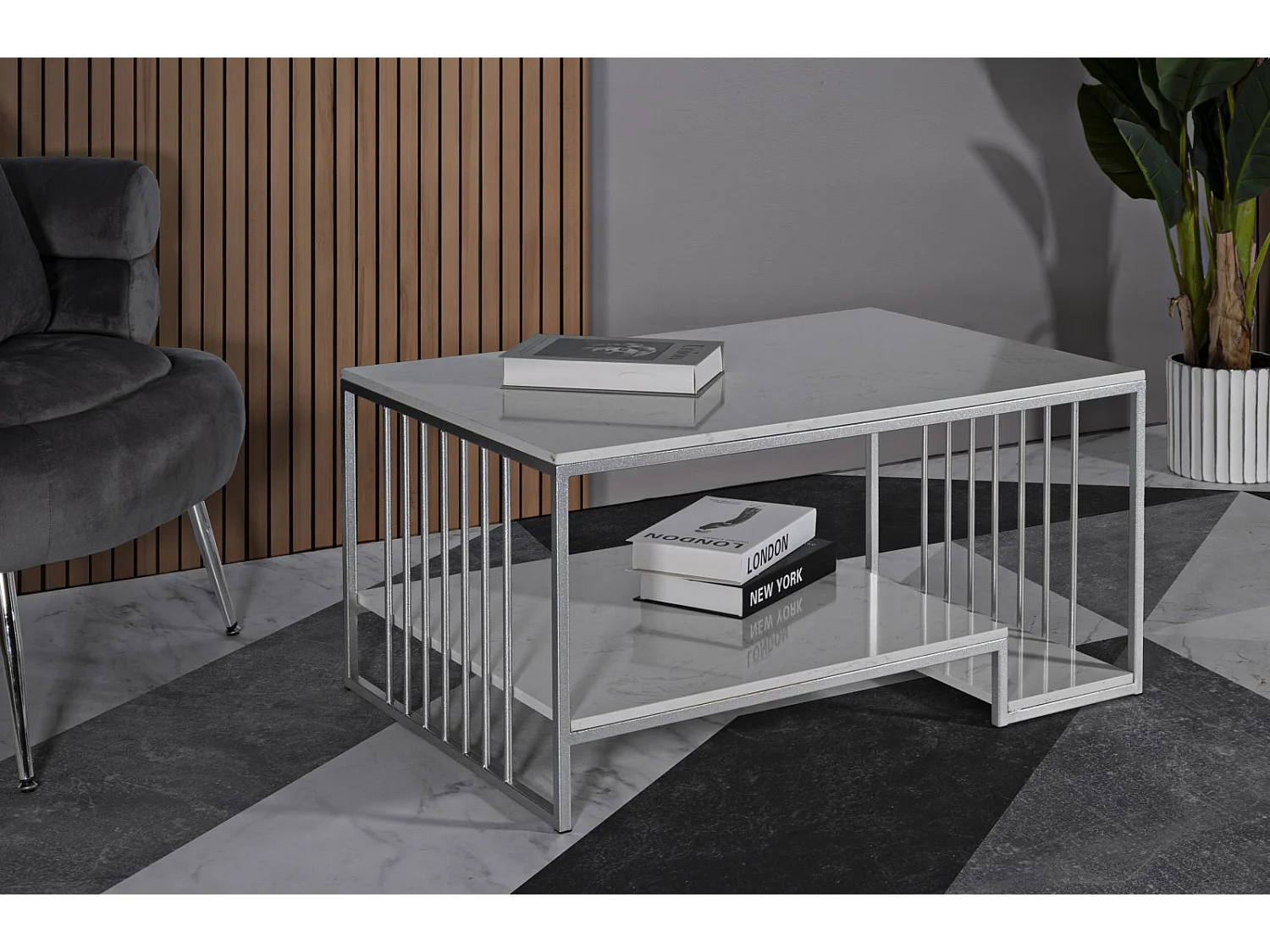 Table basse en métal argenté et marbre, 90x60x45 cm