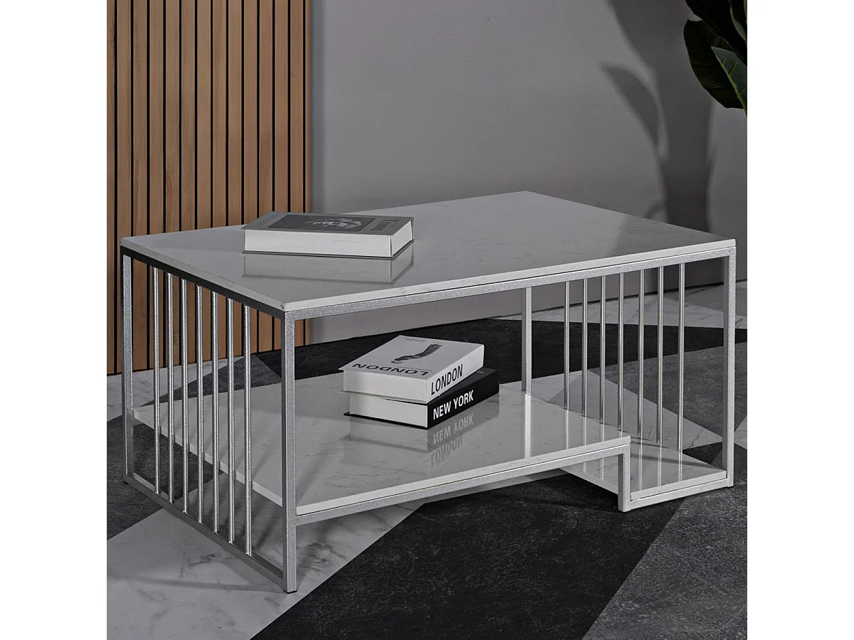 Table Basse en Marbre "Kayseri" 90cm Argent & Blanc