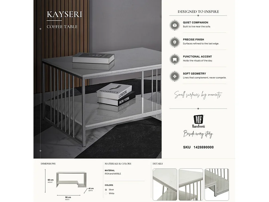 Table Basse en Marbre "Kayseri" 90cm Argent & Blanc