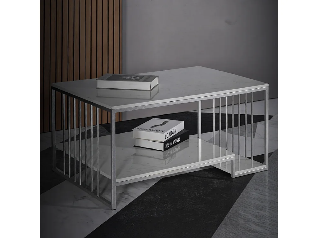 Mesa de centro Kayseri com tampo duplo em efeito mármore e estrutura prateada - Elegância versátil - 1428890000