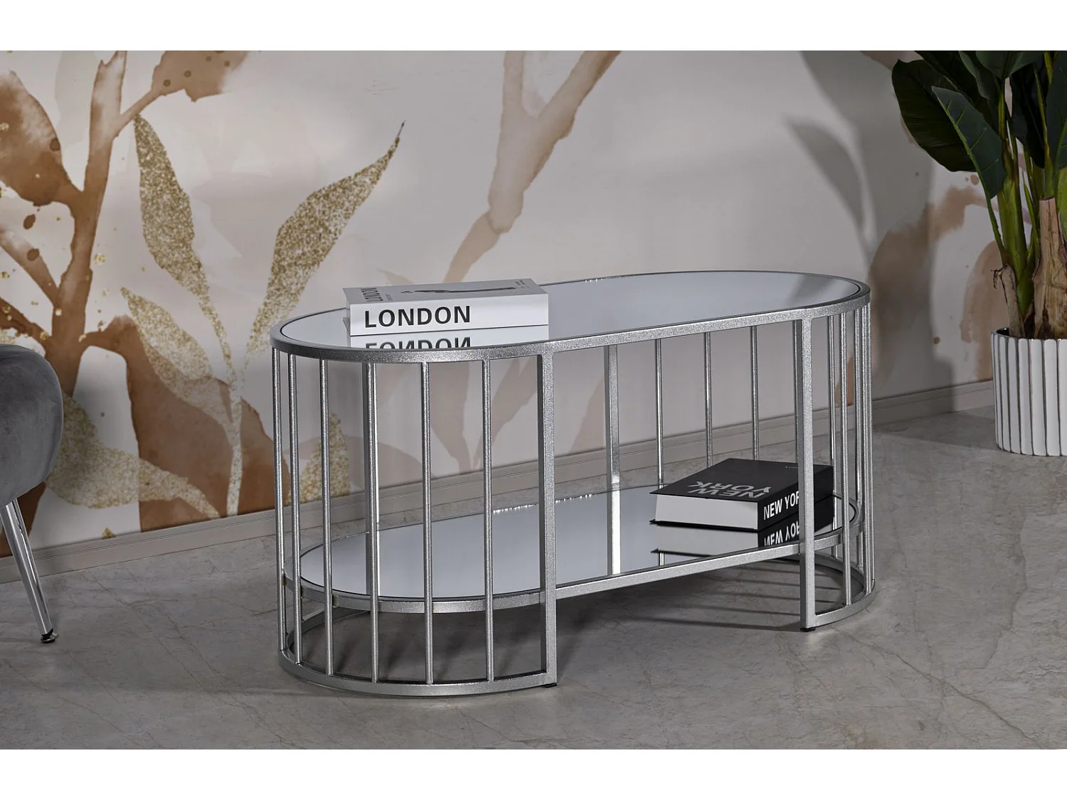 Table basse en métal argenté et verre, 90x50x45 cm