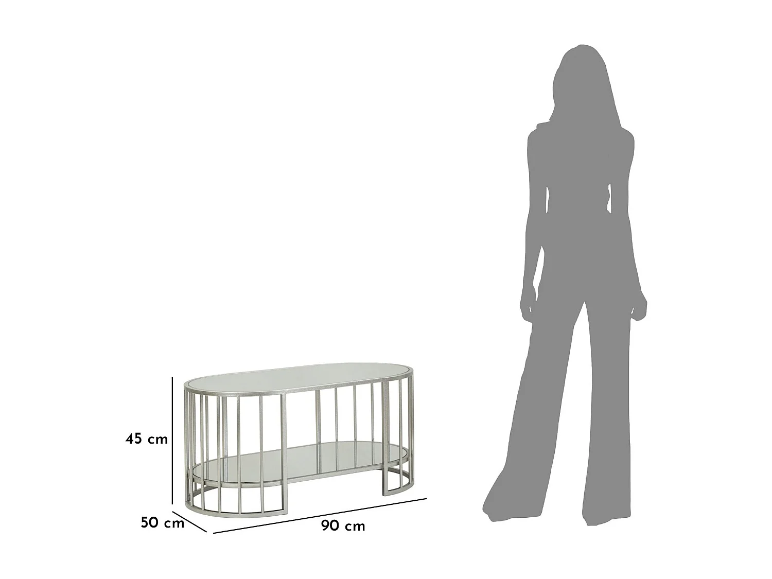 Table basse en métal argenté et verre, 90x50x45 cm