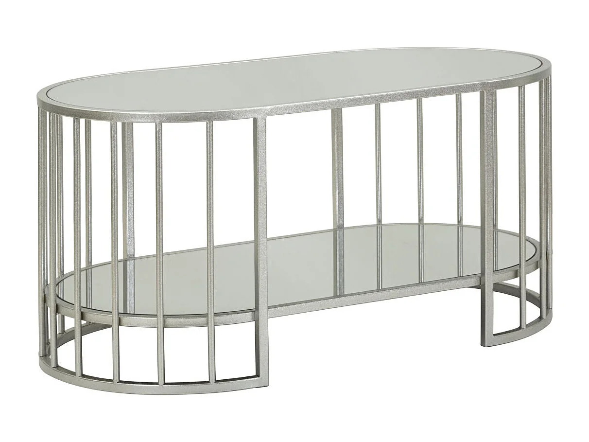 Salontafel van zilverkleurig metaal en glas, 90x50x45 cm