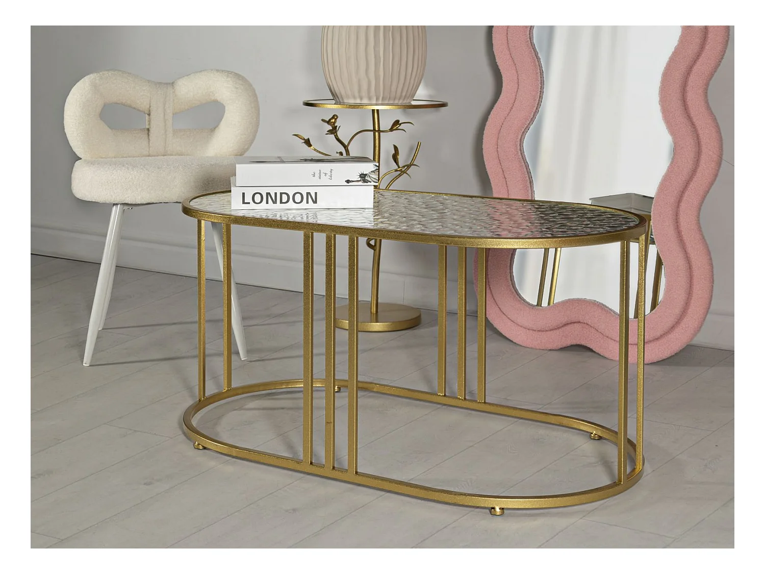 Tavolo da caffé in metallo dorato e vetro cm 90x50x45