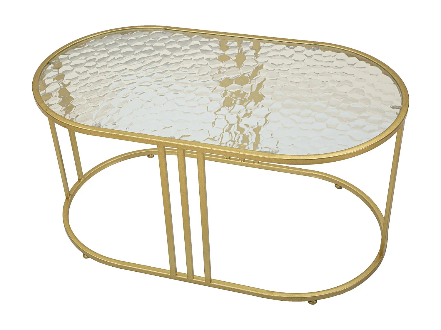 Salontafel van goudkleurig metaal en glas, 90x50x45 cm