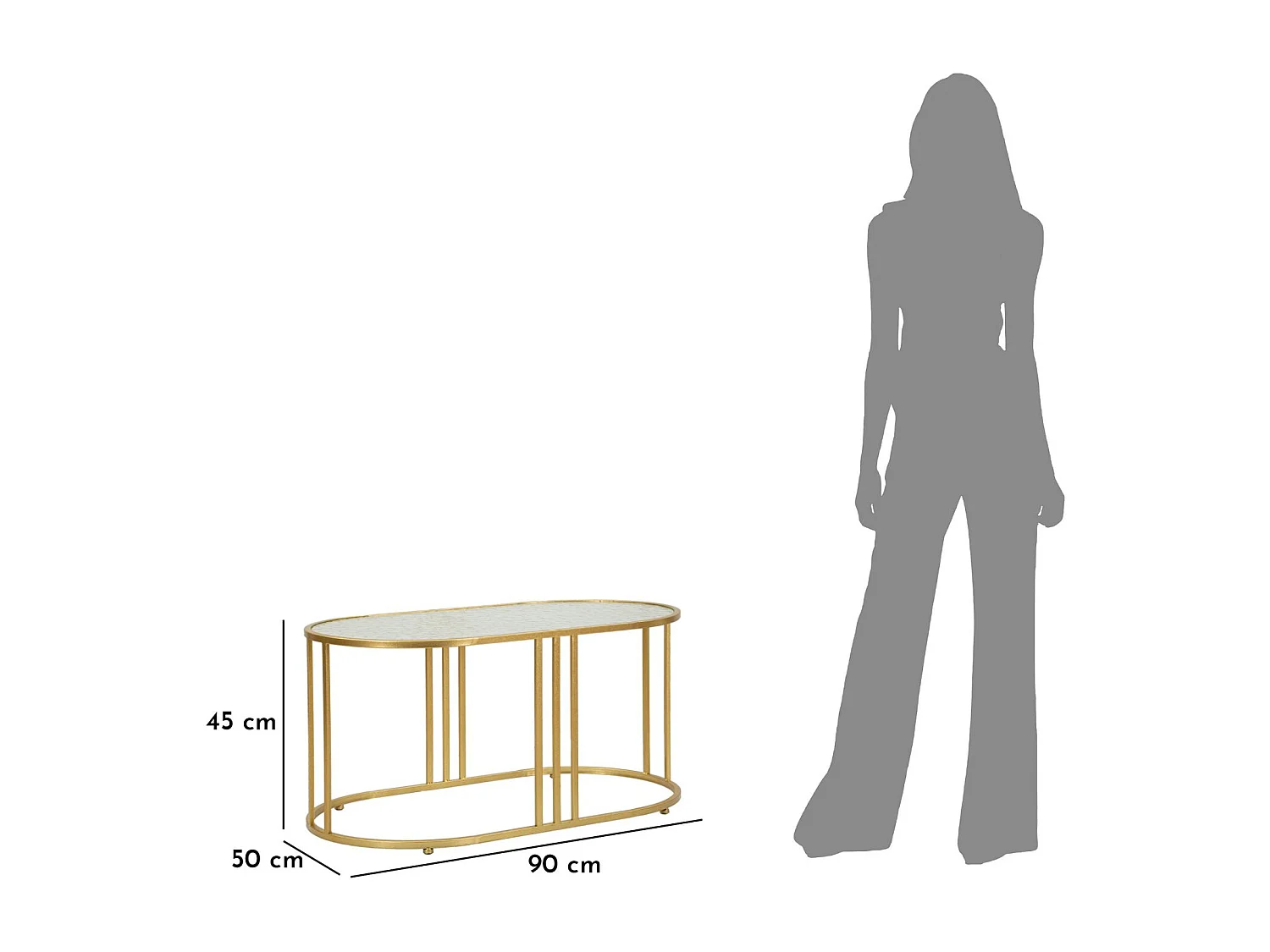 Salontafel van goudkleurig metaal en glas, 90x50x45 cm
