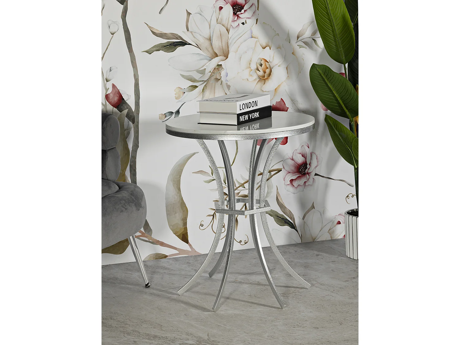 Table basse en métal argenté et marbre, ø 56x68 cm