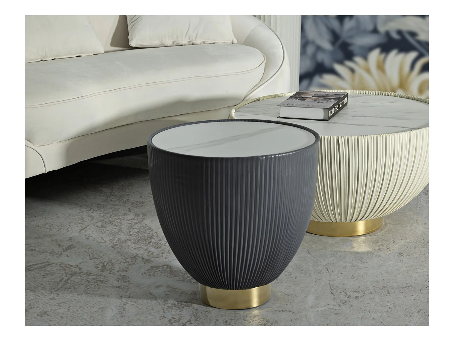 Table basse en éco-cuir gris et plateau en marbre cm ø 46x45