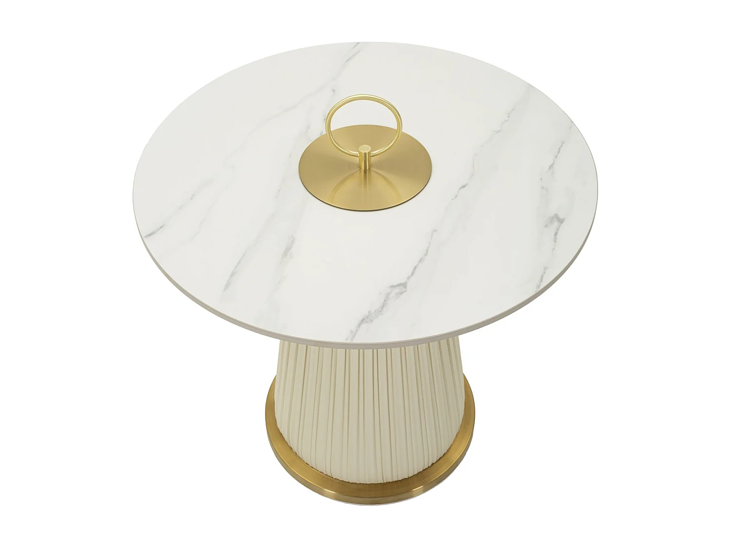 Crèmekleurige salontafel van imitatieleer met marmeren blad, ø 60x54 cm