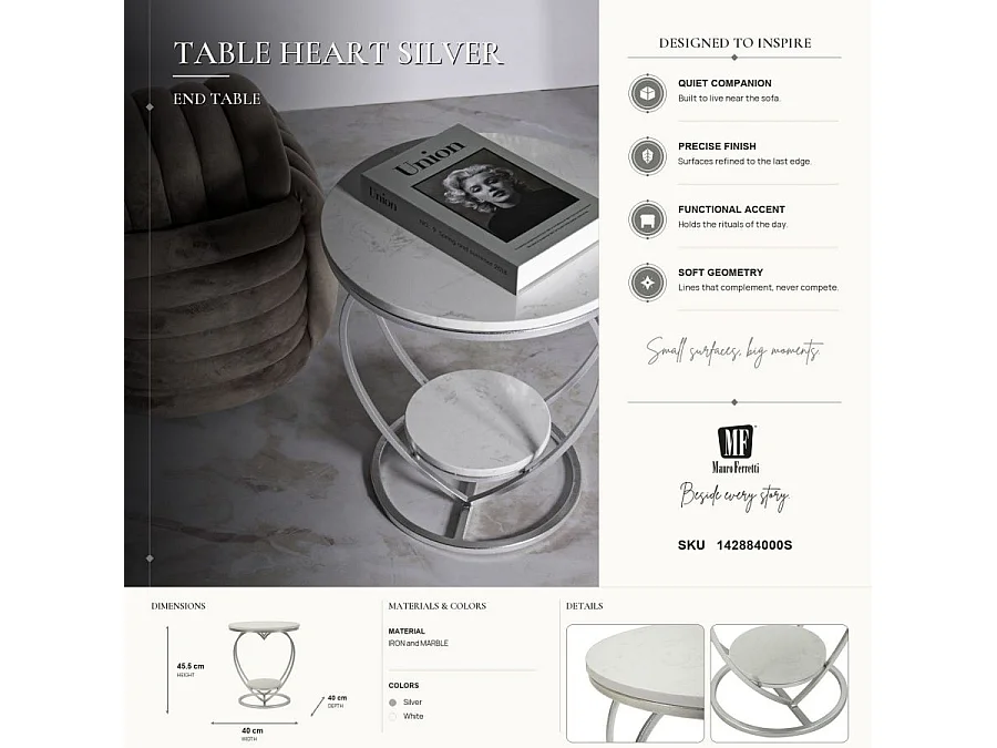 Table d'Appoint Design "Heart" 45cm Argent