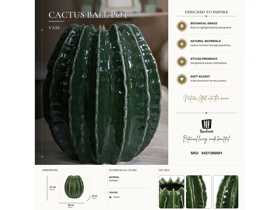 Osłonka dekoracyjna Cactus Ball, kolor zielony, ceramika, 28 x 28 x 31 cm, Mauro Ferretti