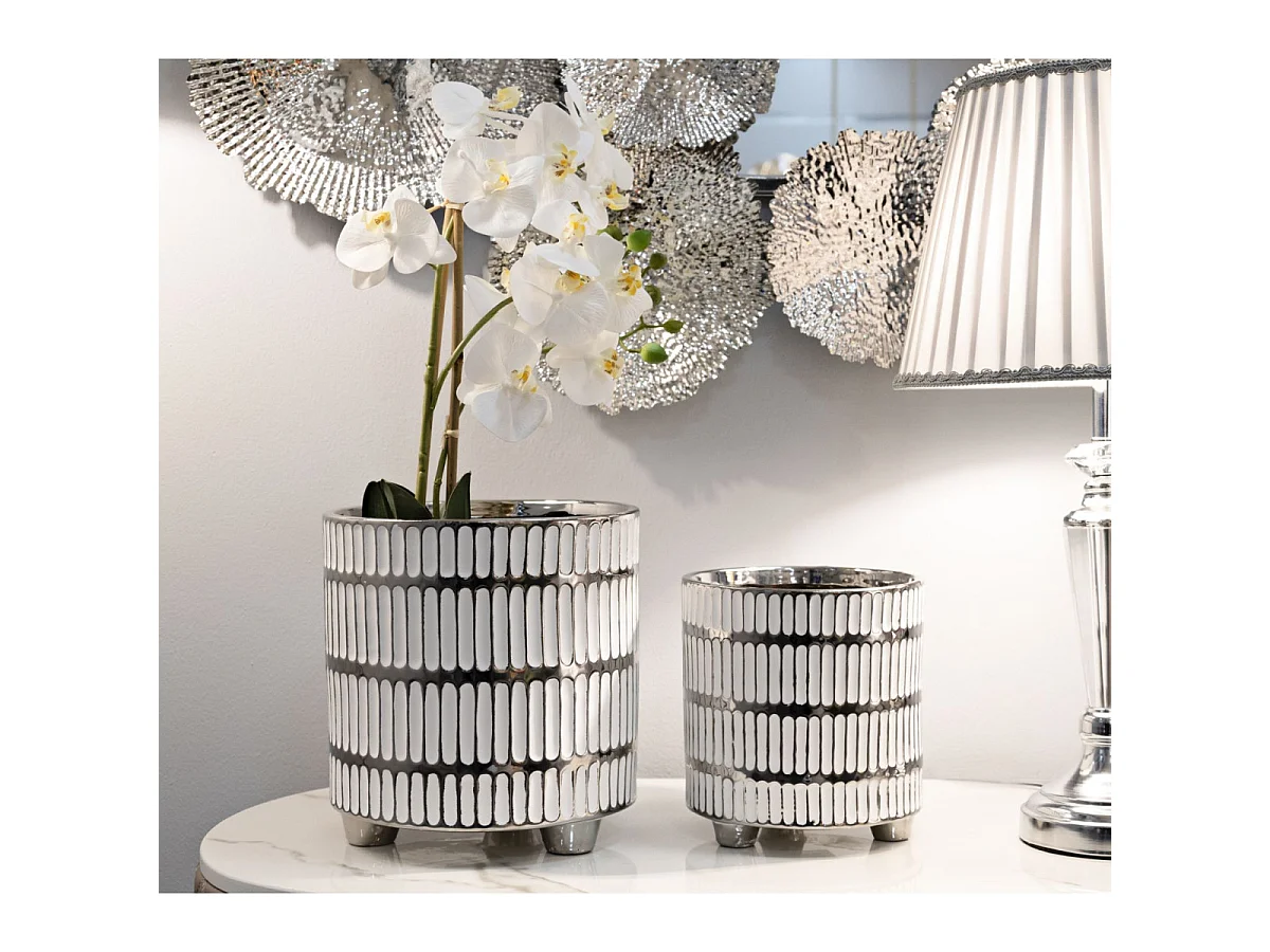 Lot de 2 Vases en Céramique "Ray" 24cm Blanc & Argent