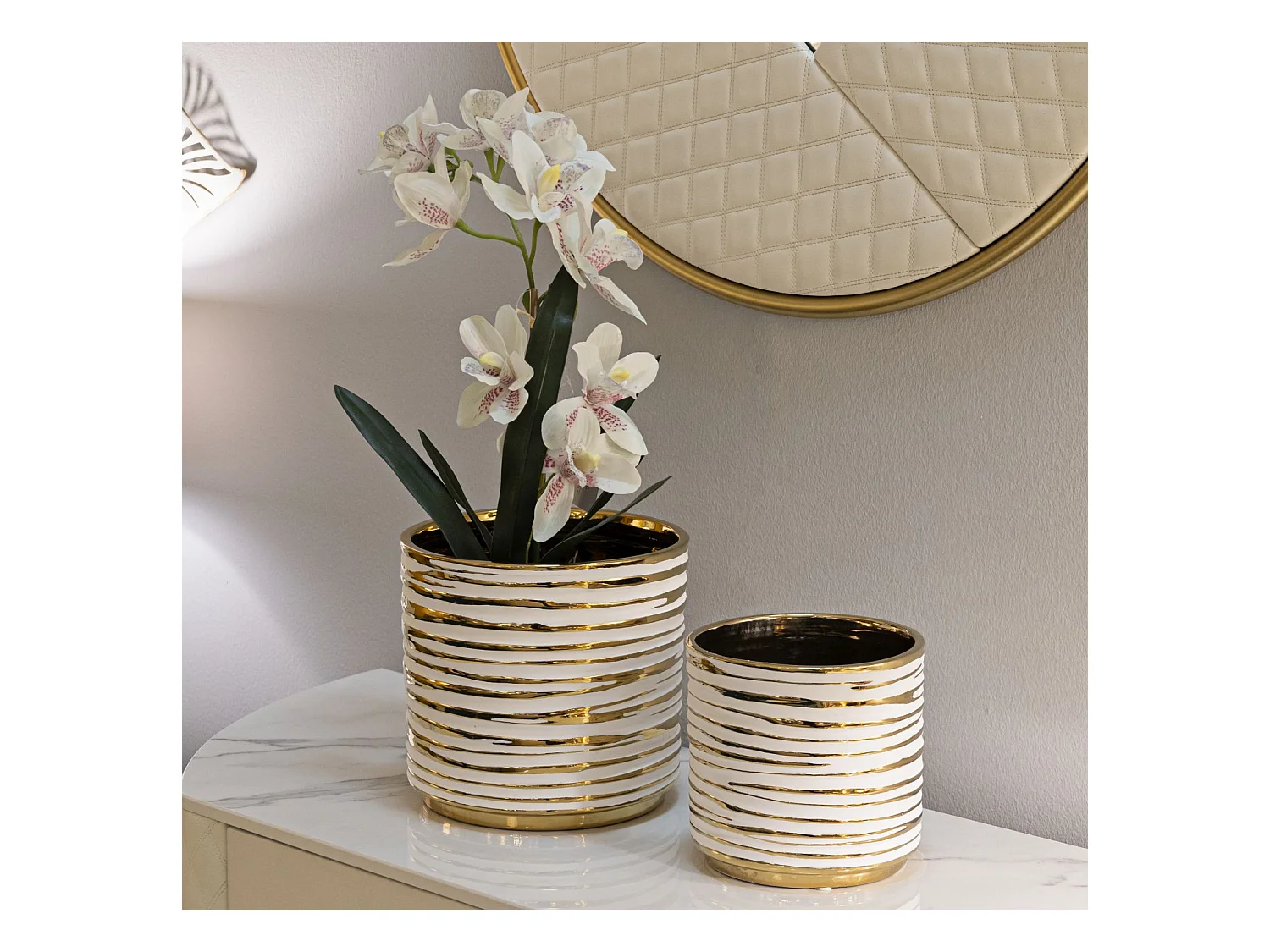 Lot de 2 Vases en Céramique "Blom" 23cm Or & Blanc