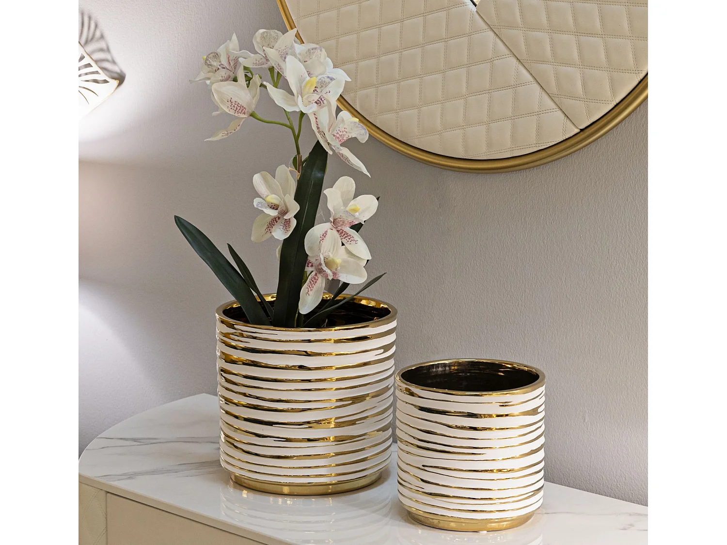 Lot de 2 Vases en Céramique "Blom" 23cm Or & Blanc