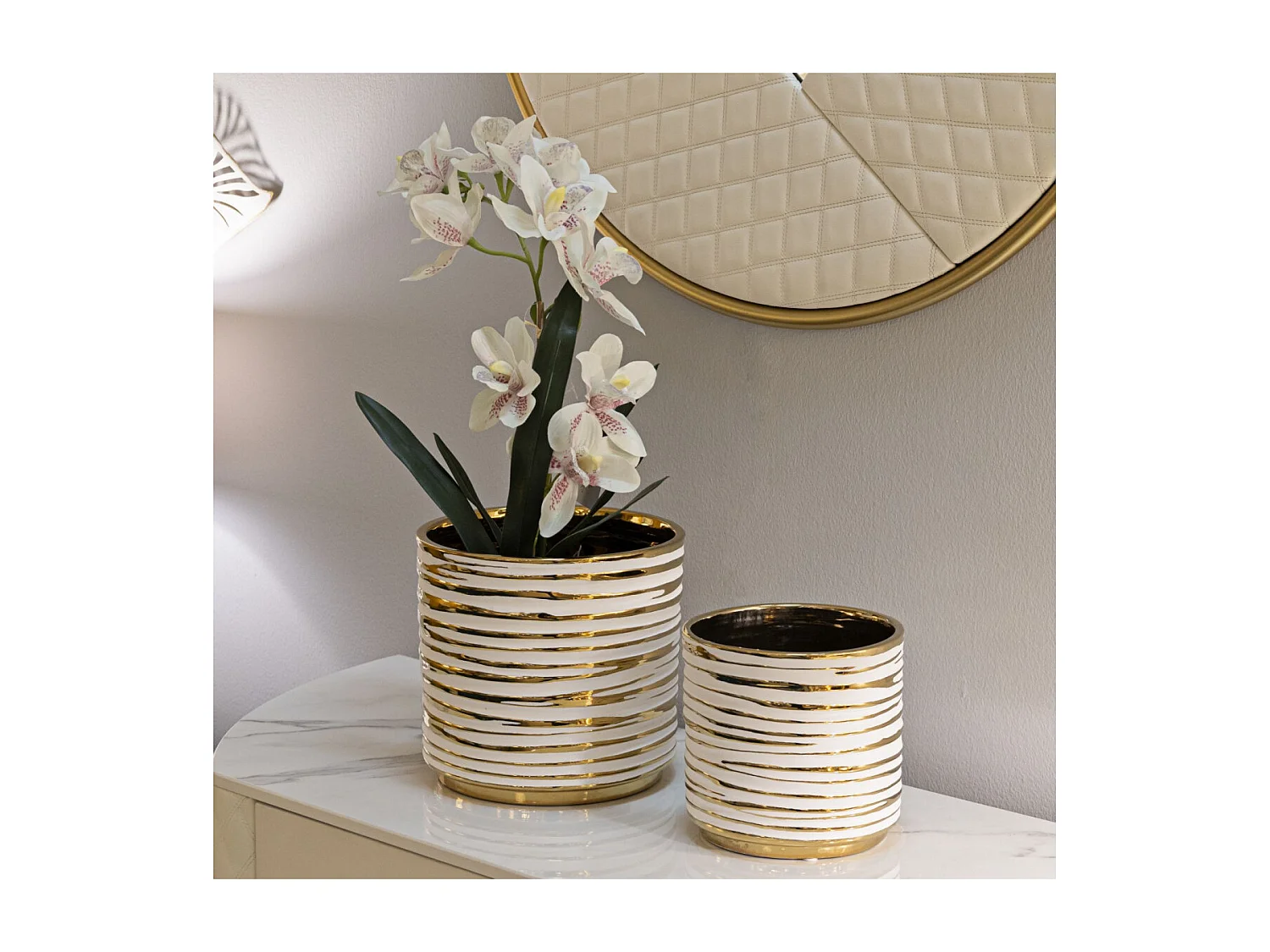 Lot de 2 Vases en Céramique "Blom" 23cm Or & Blanc