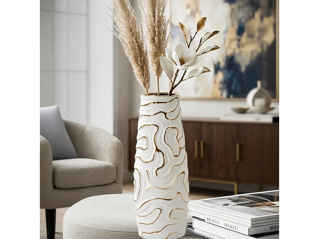 Dekovase als Wohnaccessoire - weiß, goldfarben, Keramik, Glamour-Stil, Höhe 39,5 cm - Lia