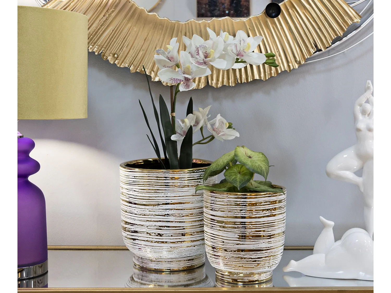 Lot de 2 Vases en Céramique "Melody" 24cm Or & Blanc