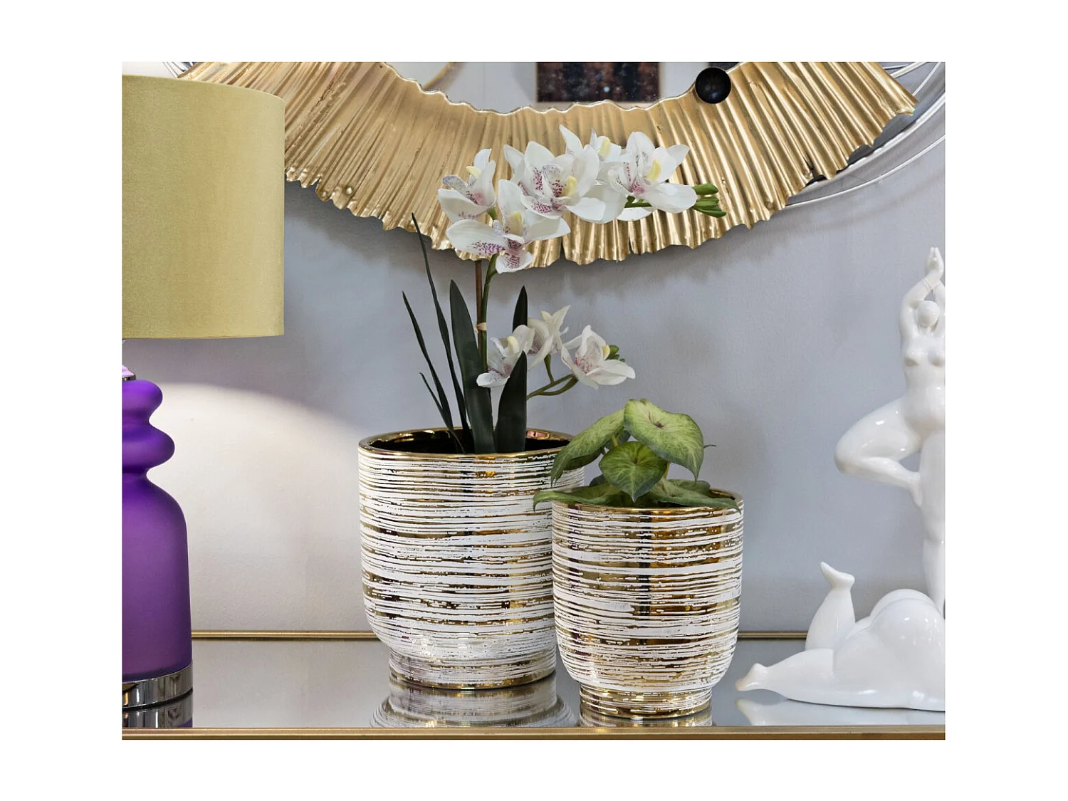 Set van 2 witte en gouden keramische vazen ​​Ø cm 23x24-17,5x19