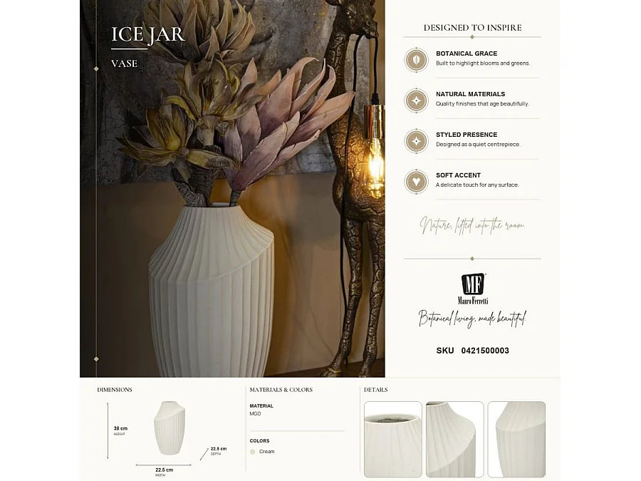 Vase Design Rainuré "Ice" 38cm Crème