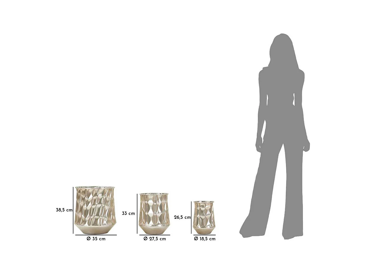 Portavasi in metallo argento set 3 pz cm ø 35x38,5-27,5x33-18,5x26,5